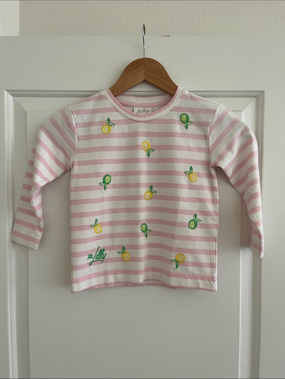 Lilly Pulitzer Mini Ballad Sweatshirt Pink and White Stripes Make Limeade Motif